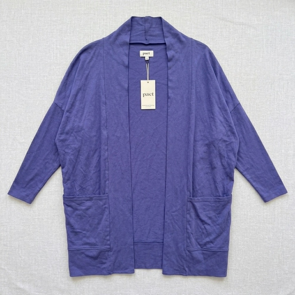 Pact Organic Cardigan Airplane wrap M/L Purple Cotton Pockets Granola Cozy Girl
